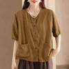 ZANZEA Women Casual Round Neck Short Sleeve Patchwork Pockets Blouse