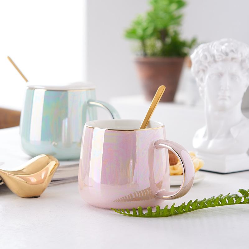 High-Value Ceramic Water Cup With Lid And Spoon, Household High Temperature Resistant Office Small Fresh And Simple Wind Cup