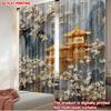 2pcs Chinese Landscape Curtains Blue Gray Background with Golden Pavilion White Flowers Birds for Asian Style Decor