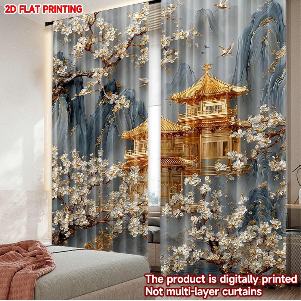 

2pcs Chinese Landscape Curtains Blue Gray Background with Golden Pavilion White Flowers Birds for Asian Style Decor 100*130 Grommet Top 1pcs