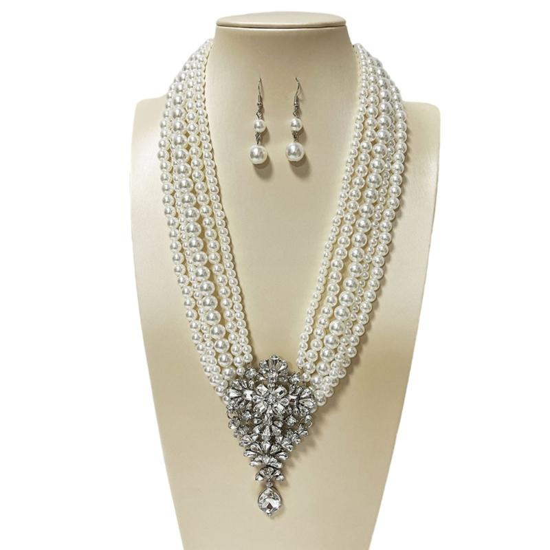 

Sparkling Multi Layer Faux Pearls Necklace And Earrings Set With Crystal Accent For Evening Party Elegant Jewelry Gift 1