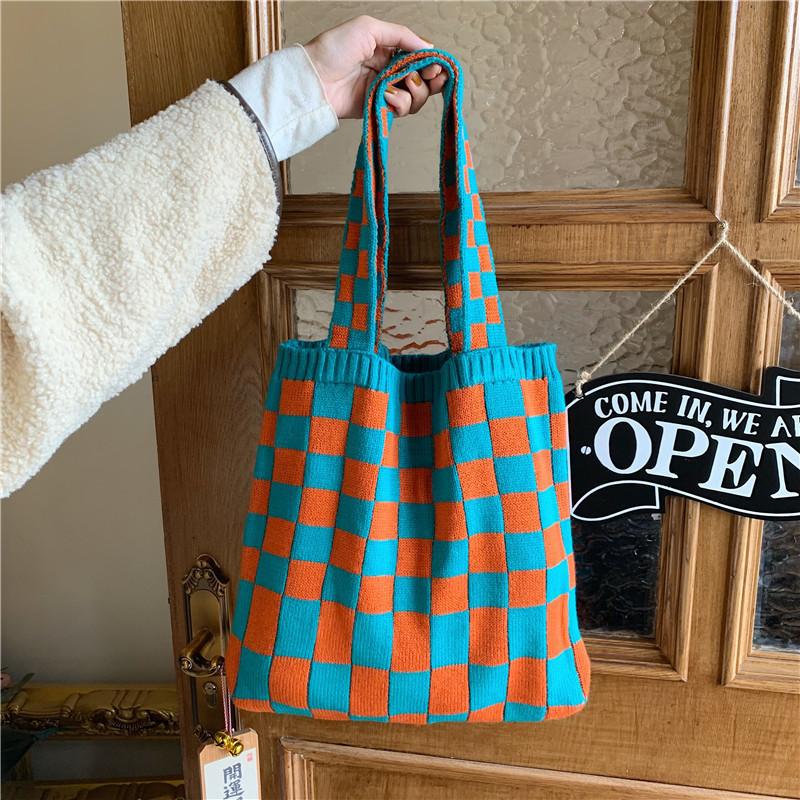 Sac cabas à carreaux en tricot style coréen tendance pour femmes Tissu doux