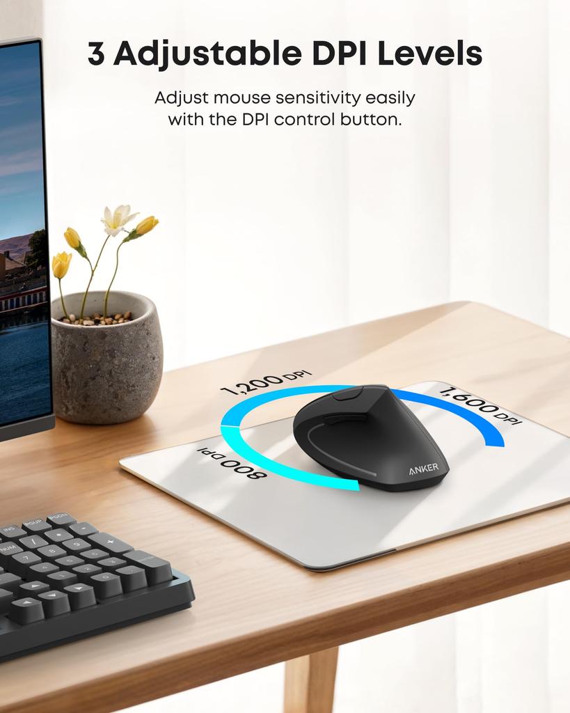 Anker 2.4G Wireless Mouse (Vertical Wireless Mouse) 80012001600 DPI, 5 Buttons, Optical, Ergonomic Design, Right-Handed, Compatible with WindowsMacOS