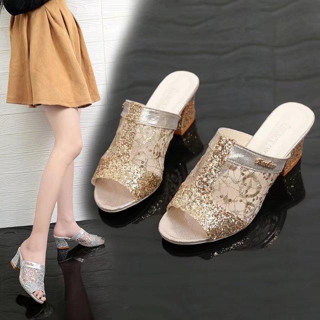 2018 new fashionable versatile cool slippers summer middle heel fish mouth mesh thick heel sandals sequins foreign trade large size women's shoes