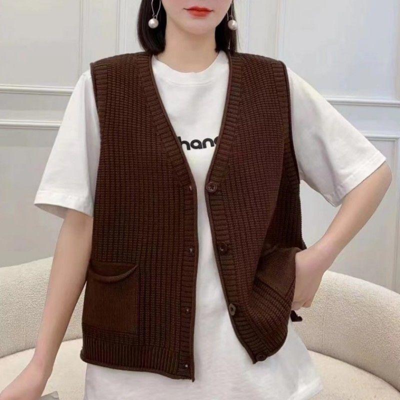 Women's Knitted Vest with Pocket Autumn and Winter New Sweater Korean Version V-neck Loose Vest Top