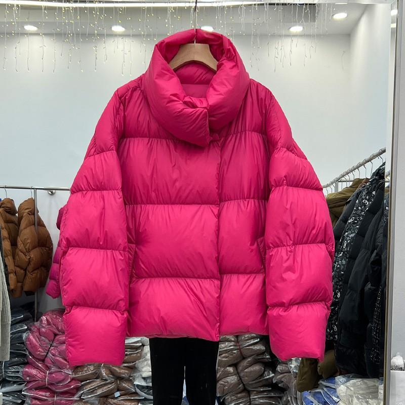 Womens Short Puffer Coat With White Goose Down Fill Loose Fit Stand Collar Thick Winter Jacket Small Stature