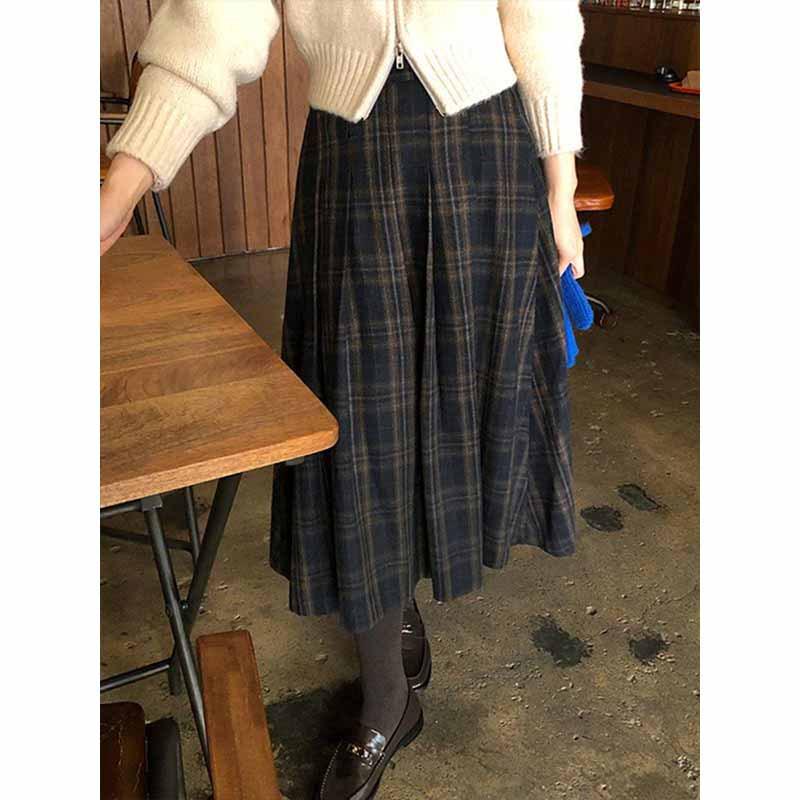 Gonna a pieghe A-line a quadri in lana da donna petite - Stile college retrò francese per autunno e inverno