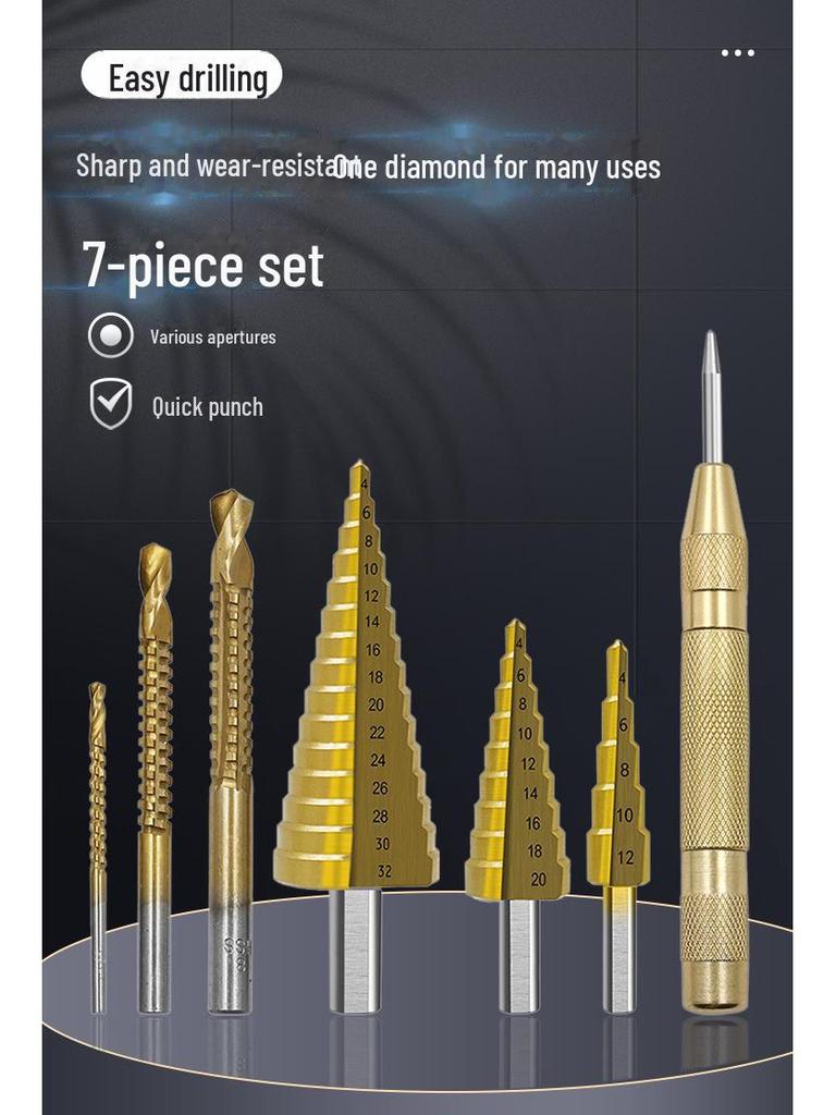 High-speed Steel 7-piece Step Drill Set with Slot Saw, Center Punch, Triangular Handle - Perfect for Woodworking Projects.