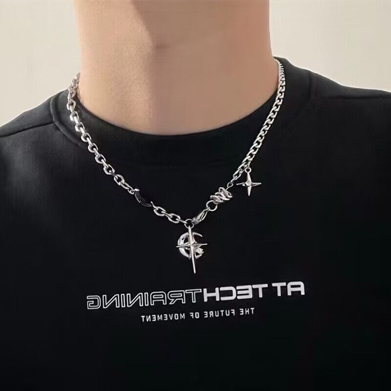 Titanium steel necklace, black gemstone, mango star, European and American hip-hop street necklace, boys niche design, high-end collarbone chain