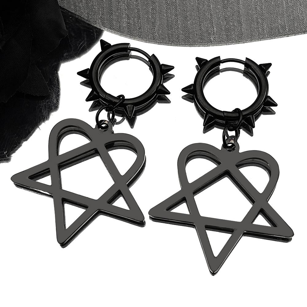 Goth Heartagram Star Dangle Hoop Earring Women Stainless Steel Black Color Rock Music Band HIM Fans Earrings Jewelry E2613S03