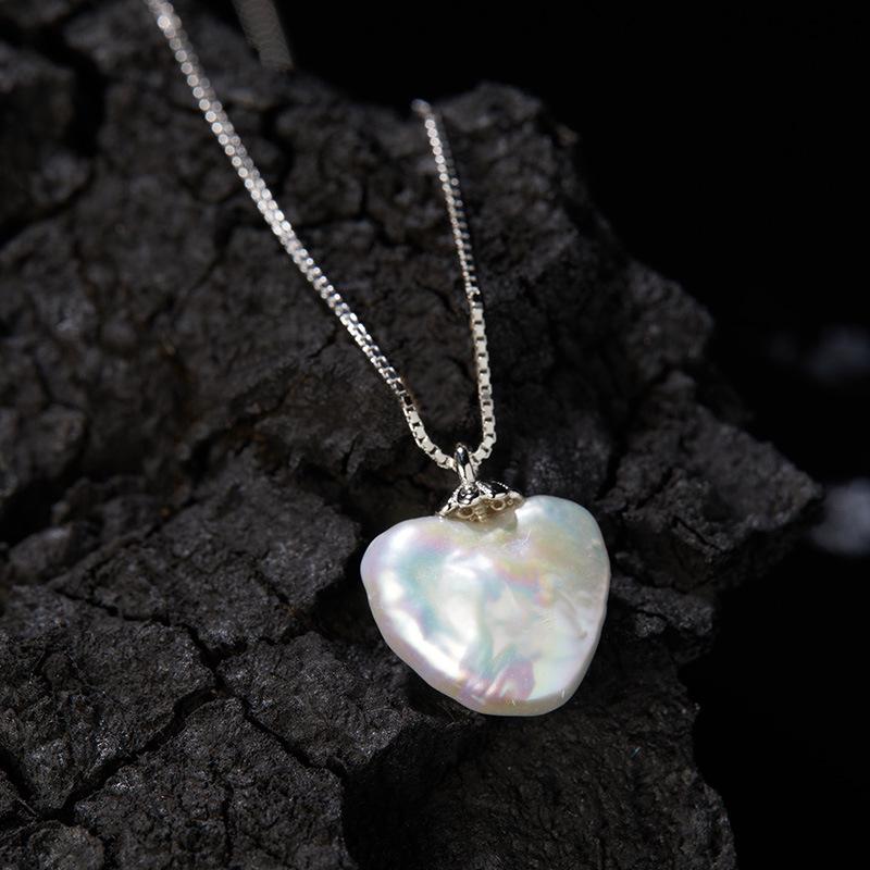 S925 Sterling Silver Inlaid With Natural Baroque Pearl Necklace Women'S Simple Fashion Heart-Shaped Love Pendant Earrings