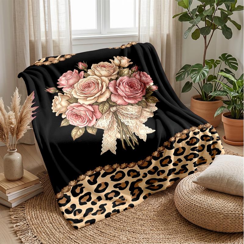 Leopard and Floral Elegance 2 Theme Blanket Lightweight Warm Flannel Blanket Decorative Throw Blanket for Home Decoration
