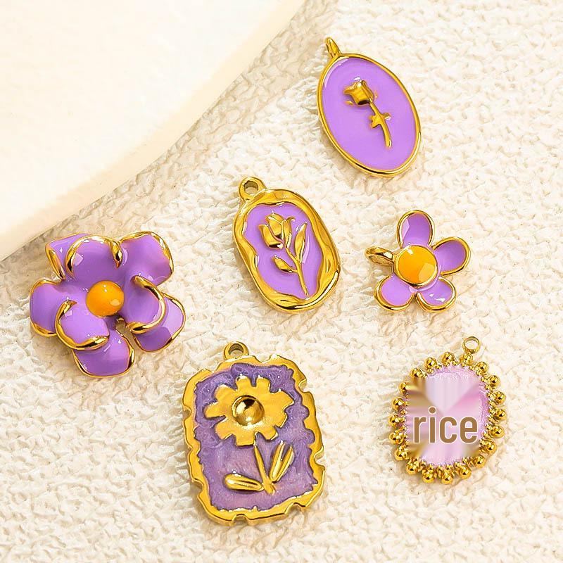 French Drip Flower Oil Painting Pendant Necklace & Heart Earring Charms in Stainless Steel - DIY Titanium Jewelry Accessories for Women