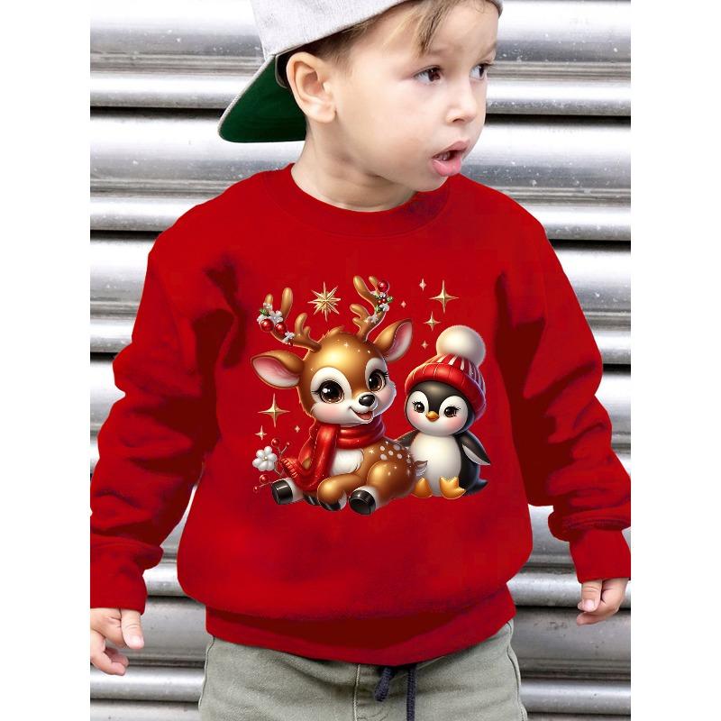 Christmas Boys' Autumn Winter Fashion -Lined Crew Neck Sweatshirt with Reindeer and Penguin Cartoon Print Loose Casual Long Sleeve Pullover WY6744