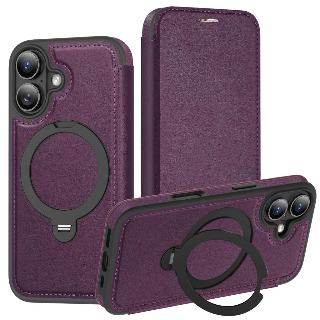 For iPhone 16 Case Compatible with MagSafe RFID Blocking Leather Wallet Cover with Rotating Ring Kickstand