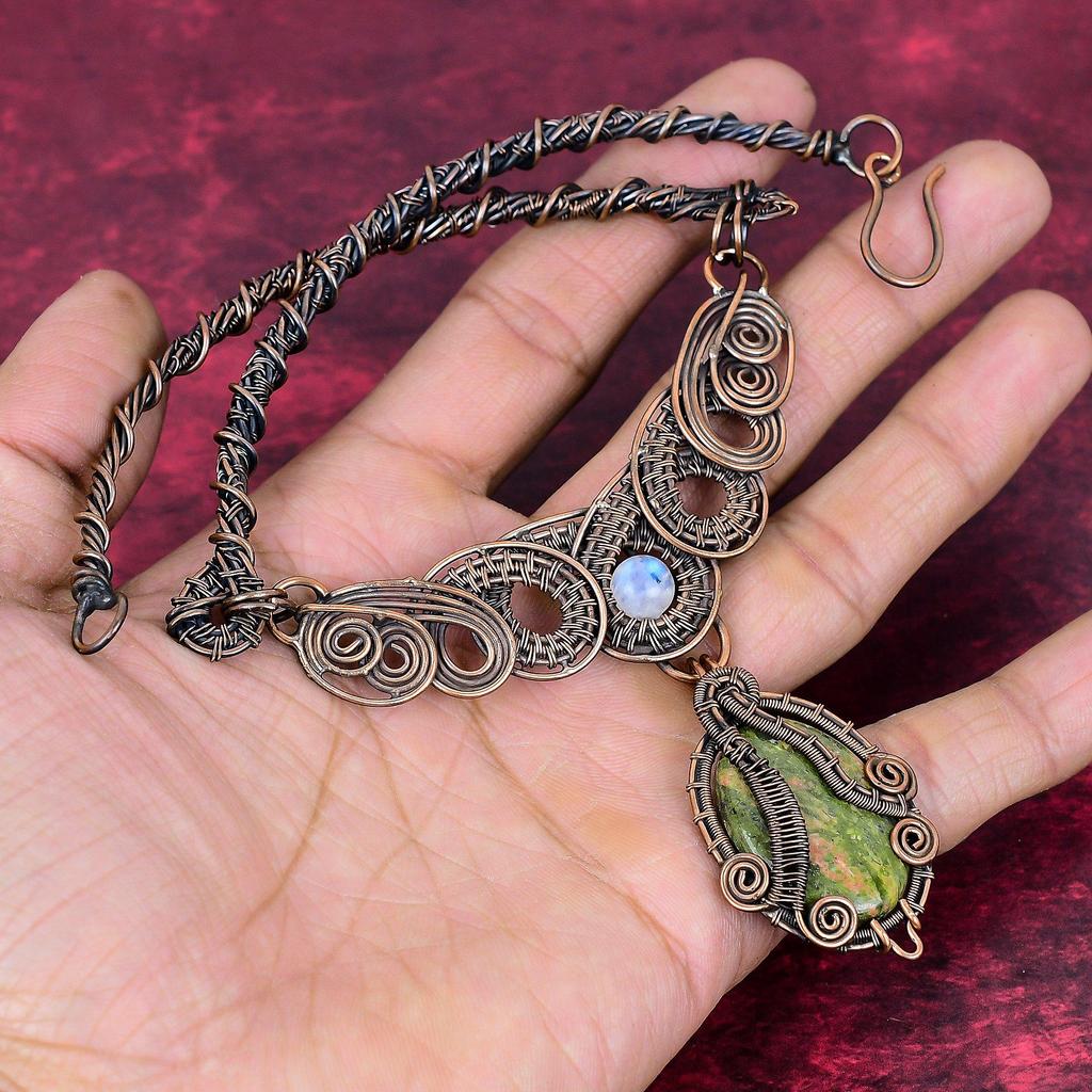 Unakite Necklace Copper Wire Wrapped Jewelry Rainbow Moonstone Gemstone Necklace Handmade Jewelry Designer Copper Necklace Anniversary Gifts