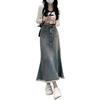 Elegant Vintage Women Raw Edge Mid-Length Skirt High Waist Slim A-line Fishtail Package Hip Summer Versatile Comfortable Fashion Denim Bustier Skirt