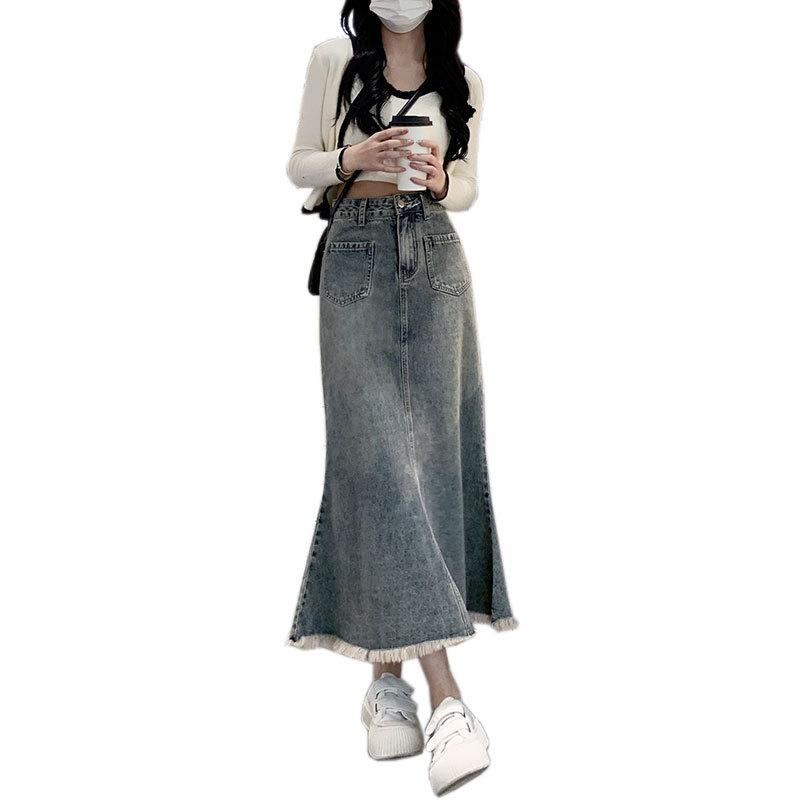 Elegant Vintage Women Raw Edge Mid-Length Skirt High Waist Slim A-line Fishtail Package Hip Summer Versatile Comfortable Fashion Denim Bustier Skirt