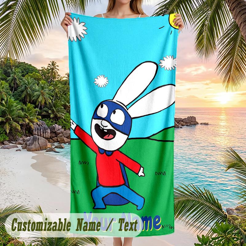 Simon Super Rabbit Beach Towel, Personalized Custom Text, Quick Dry Soft Large Towel For Swimming Pool Travel