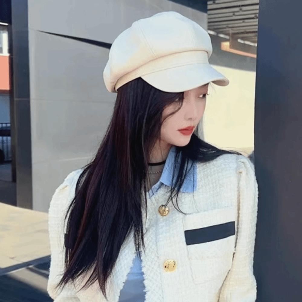 British Korean Leather Painter Hat Solid Color Black Octagonal hat JK Vintage PU Beret Cap Casual