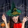 Rose-Lace Decor Witch Hat Halloween Green Party Cosplay Hat Magical Mystery Role-play Witch Hat Costume Accessory
