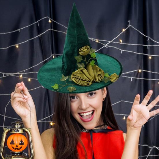 Rose-Lace Decor Witch Hat Halloween Green Party Cosplay Hat Magical Mystery Role-play Witch Hat Costume Accessory