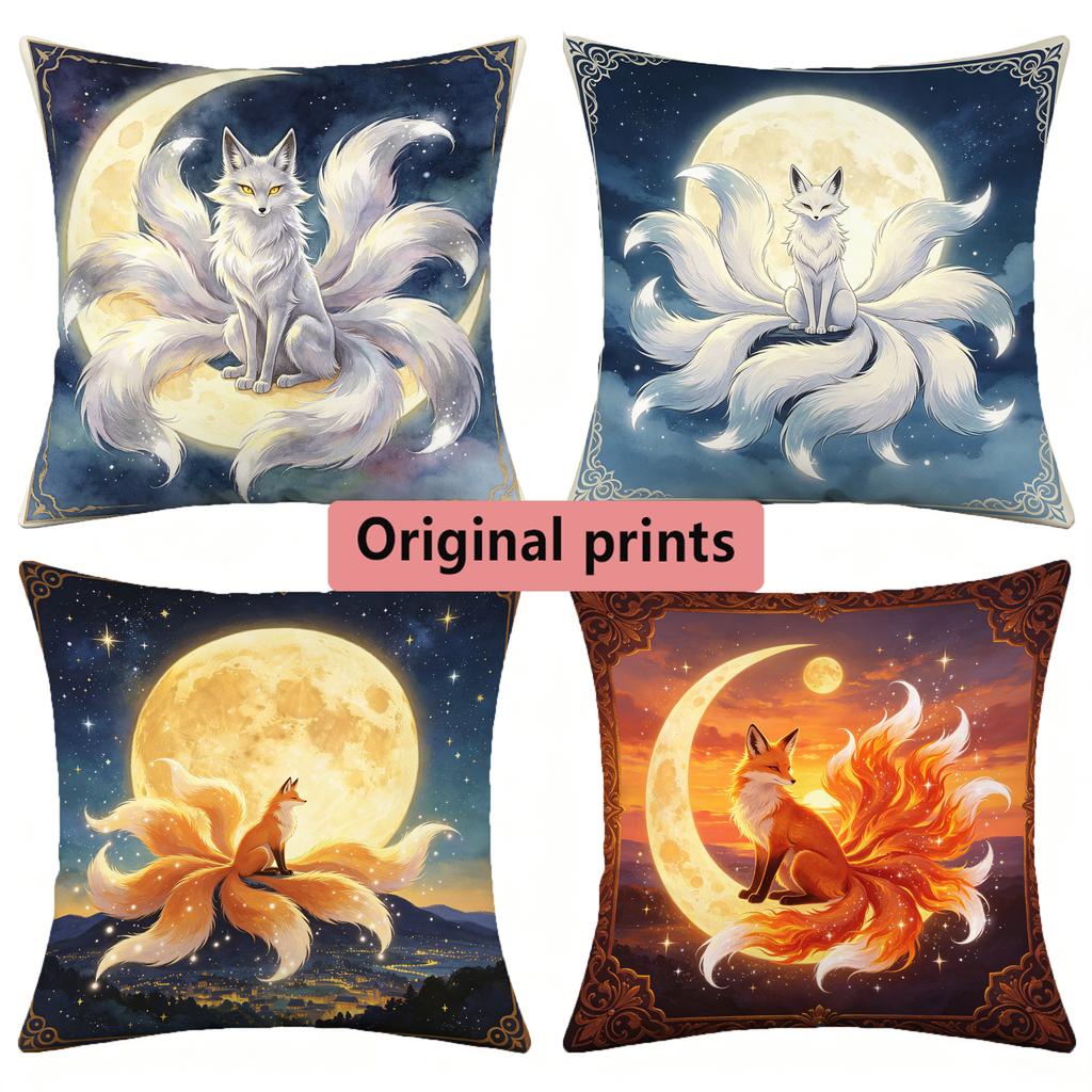 Mystical NineTailed Fox Moon Print Pillow Covers Pattern Cushion Cover Suitable For Sofa Bedroom Car Pillow Cover