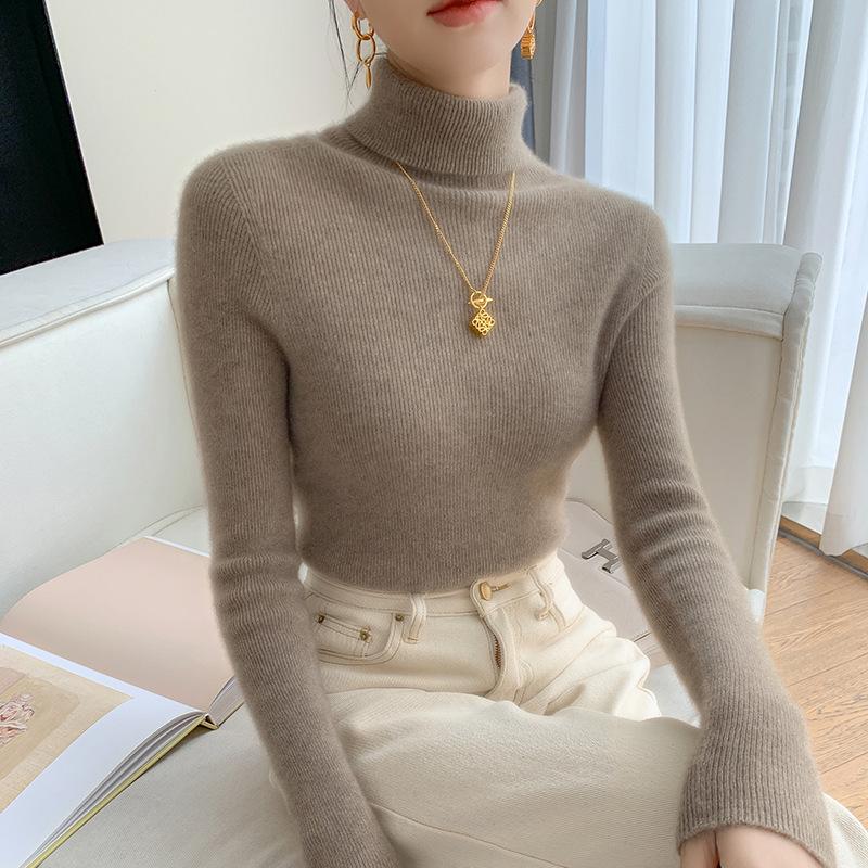 Women's Slim Fit Wool & Cashmere High Neck Sweater - Seamless, Solid Color for Autumn/Winter.