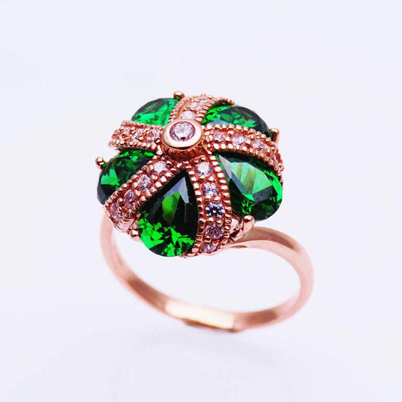 Color Gold Mori Greenstone Flower Ring Cold Wind Design Rose Gold Plated Ring