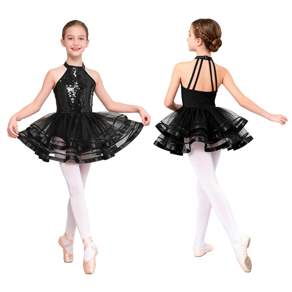 Girls Kids Sparkling Sequins Ballet Tutu Dress Modern Jazz Dance Outfit Stage Performance Costume Dancewear