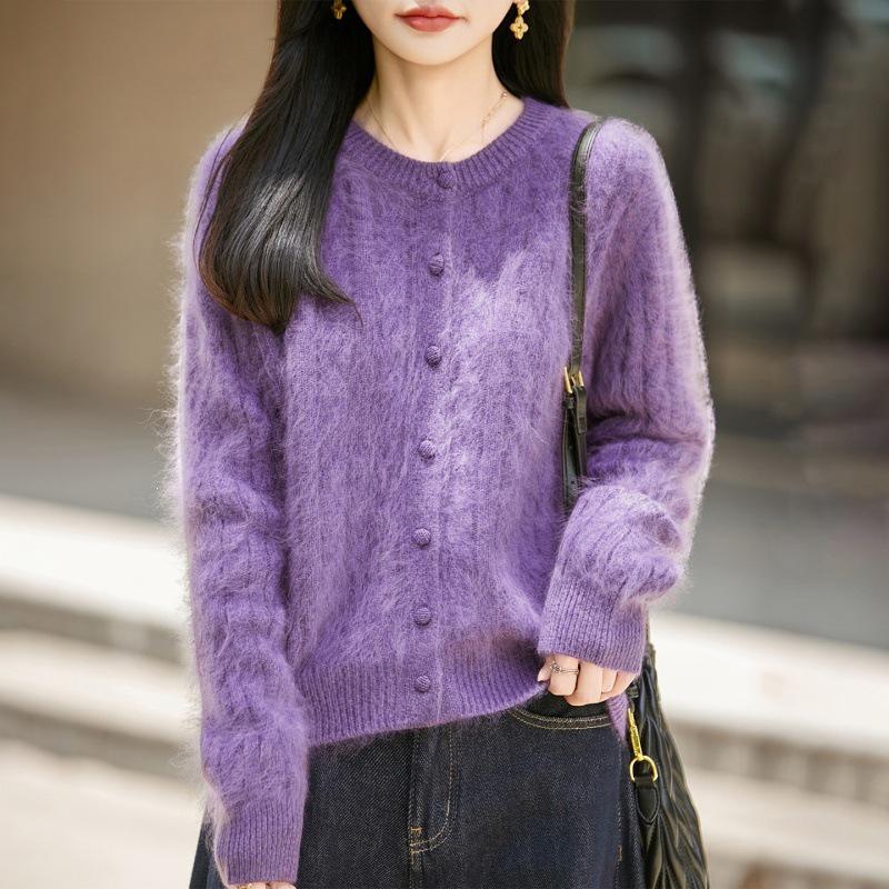 Pink Taro Cable Knit Wool-Blend Cardigan: 2023 Autumn/Winter Women's Long Sleeve Round Neck Sweater