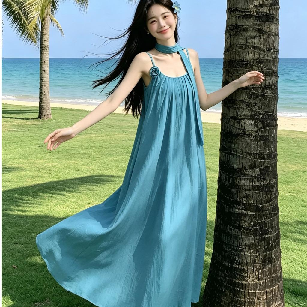 Holiday style dress strap-up suspender skirt women's clothing summer temperament loose and thin A-shaped skirt blue medium and long skirt