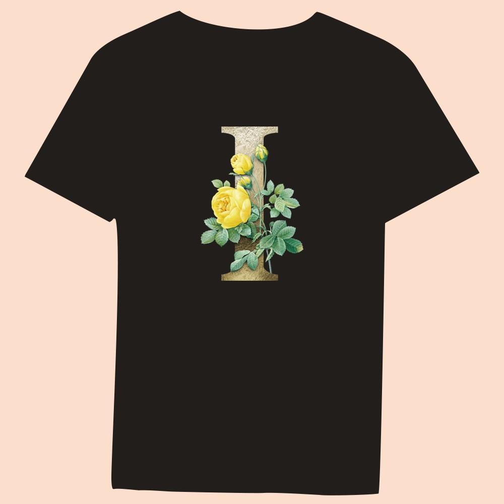 Gold Flower Letter 3D Printing Series Women's Black T-shirt Casual Large Top