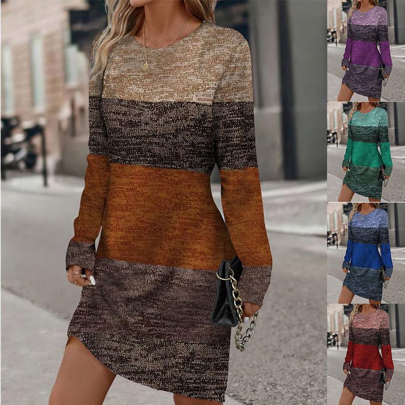 Spring and autumn round neck contrasting long sleeved casual and comfortable dress