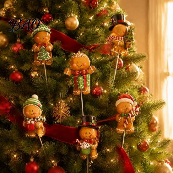 Quick Installation Tree Decor 6 Pcs Large Christmas Picks, Wooden Santa Snowman Gingerbread Ornaments, Xmas Outdoor Yard Signs Topper Decoration