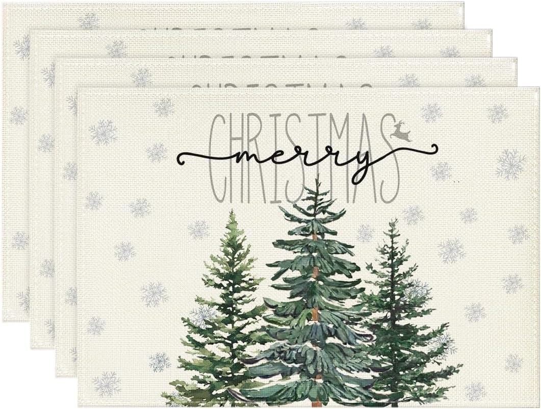 

Beige Pine Tree Snowflake Merry Christmas Placemats 12x18 Inch Winter Xmas Holiday Table Mats for Party Kitchen Dining Decor 4pcs