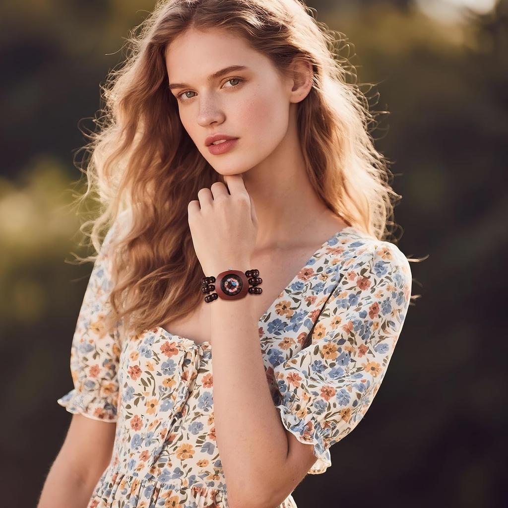 Bohemian Houten Kralen Band Dameshorloge: Analoge Weergave, Kwarts Uurwerk, Bloemenwijzerplaat, Elastische Band, Handgemaakte Stijl, Tonneau Vorm, Natuurlijk