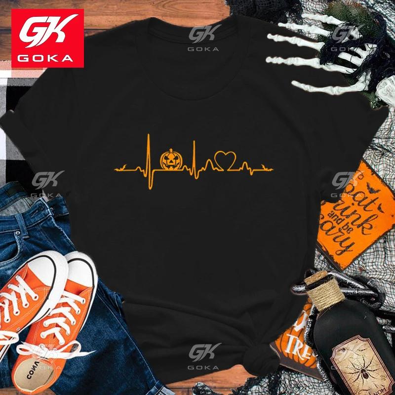

Halloween Pumpkin Heartbeat Print Cotton T Shirt Short Sleeve O Neck Loose Women Cool T Shirts Ladies Tee Shirt Top Clothes Tees 3XL