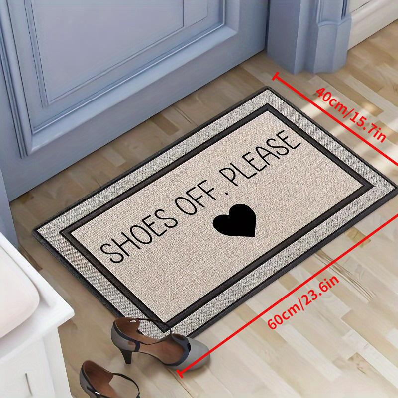 Flannel Door Mat with "Shoes Off " Text & Heart Design, Anti-Slip Absorbent Floor Rug for Entryway & Bathroom, Machine Washable