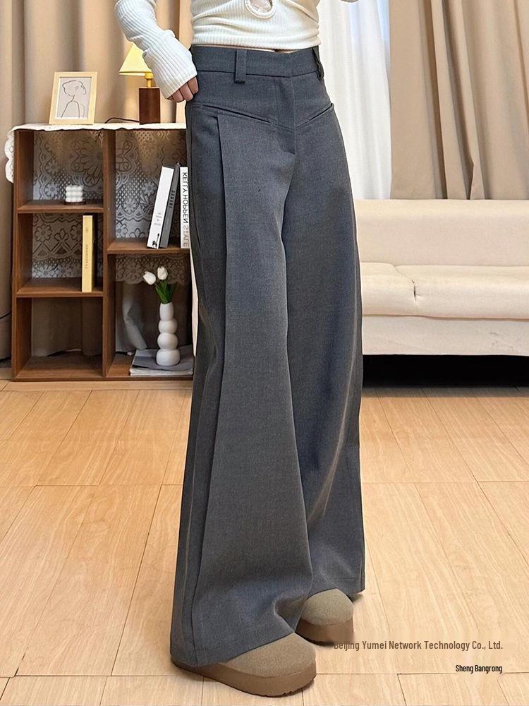 Plus Size Retro Grey High-Waist Pleated Suit Pants, Women's Autumn Wide-Leg Floor-Length.