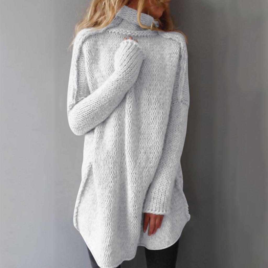 Women's Loose Long Sleeve Solid Color Pile Neck Warm Knitted Sweater