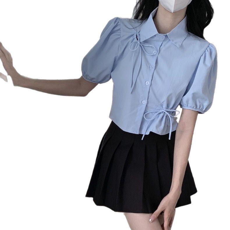 Korean blue bow strap shirt women's spring summer waist thin short design hollow shirt top