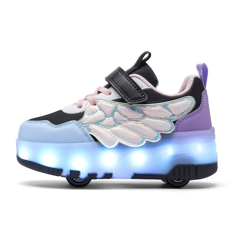 

Детские кроссовки на четырех колесах, спортивная обувь, USB-зарядка, светодиодная подсветка, спортивная обувь, роликовые коньки для девочек 39 фиолетовый/чёрный