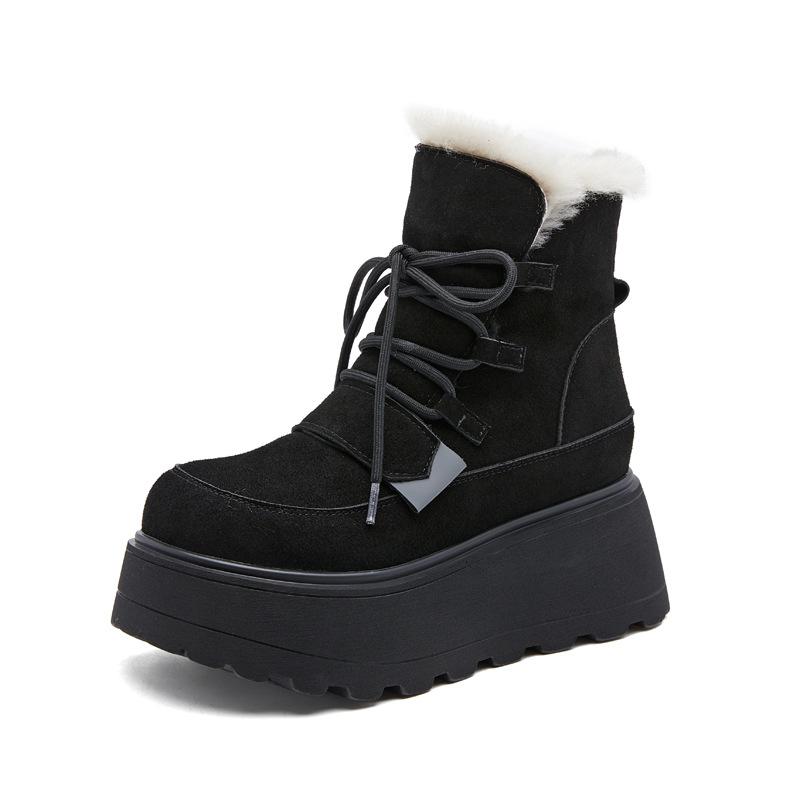 8637 Inner Heightening Thick-soled Velvet Warm Leather Snow Boots Women's 2025 Winter New Non-slip Cotton Shoes