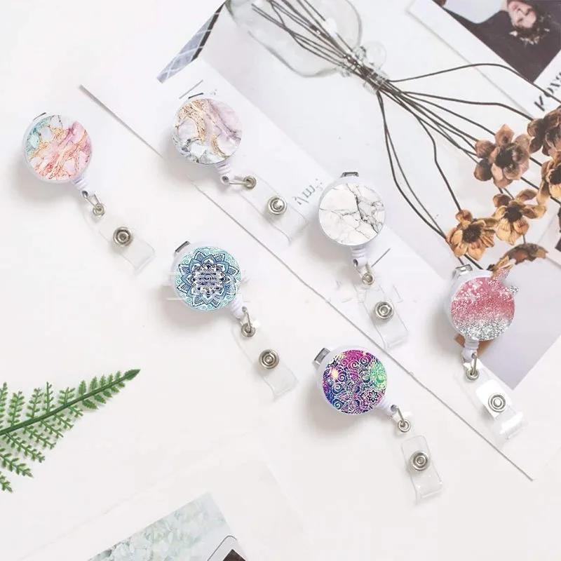 Retractable Badge Holder Reel Clip Marble Print Nurse Exhibition Card Holders Woman Doctor ID Card Chain Clips