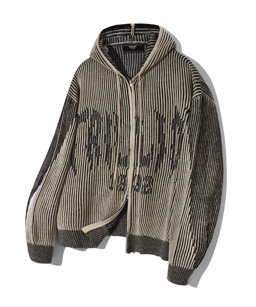 TRILLION Washable Two-Tone Hooded Zip-Up Graphic Knit (Beige)