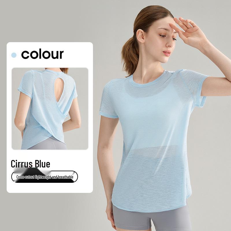 High-End Damen Slub Garn Aushöhlung Rücken Outdoor Sport Top – Atmungsaktiv, Rundhalsausschnitt, Kurzarm Fitness Yoga Überwurf für den Sommer.