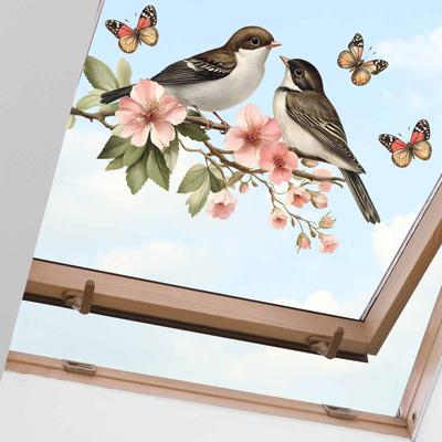 Fully Transparent, Flowers On The Branches, Birds, Butterflies, Fully Transparent, Double-sided Visible Glass, Home Decoration Stickers