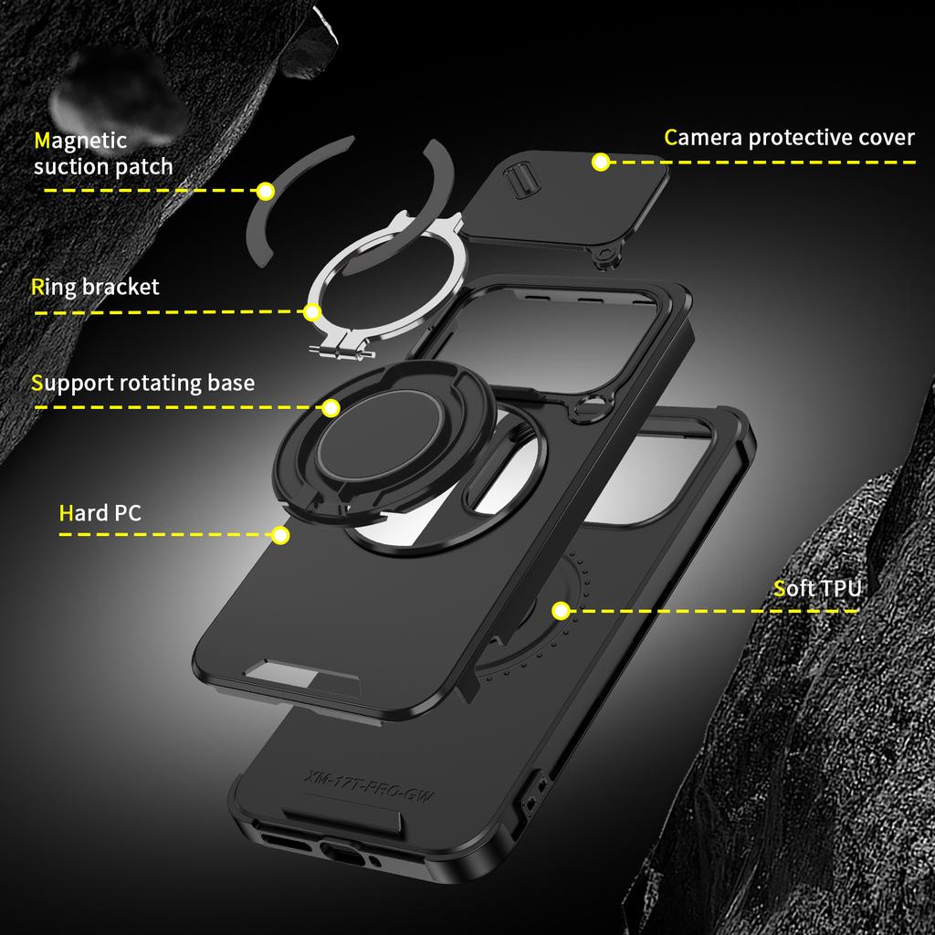 Magnetic Metal Ring Stand Armor Case For Xiaomi 17T Pro Global Slide Push Window Lens Protection TPU Frame Plastic Phone Cover