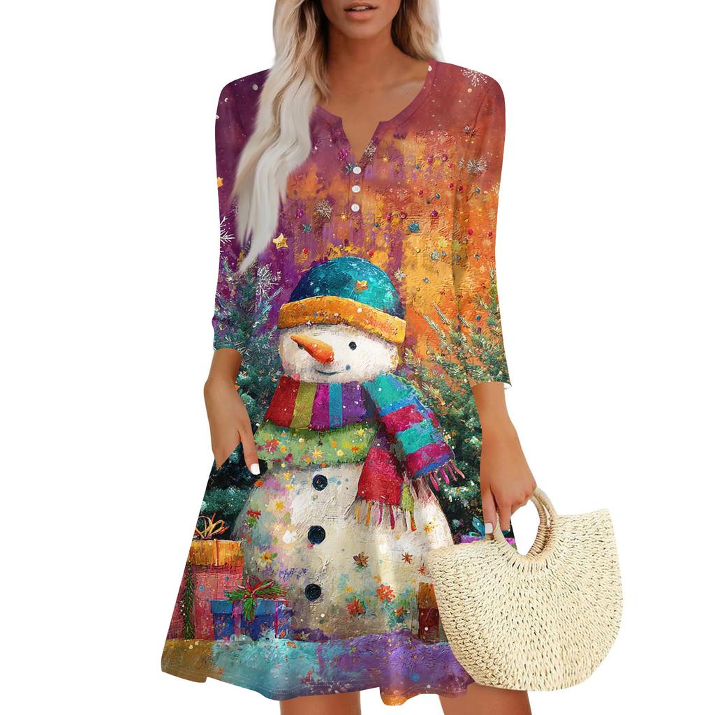Women's Christmas Printed Fashionable V-neck Button Seven Part Cuff Pocket Dress